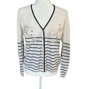 Escada Ivory Nautical Embroidered Cardigan 12 Stripes Stars Gold Buttons